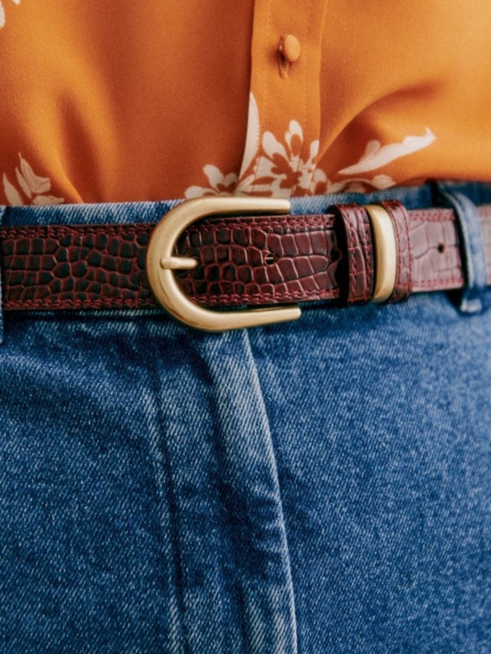 Sezane Taylor Belt - Croc-Embossed Dark Brown Chocolate Leather with Gold Buckle